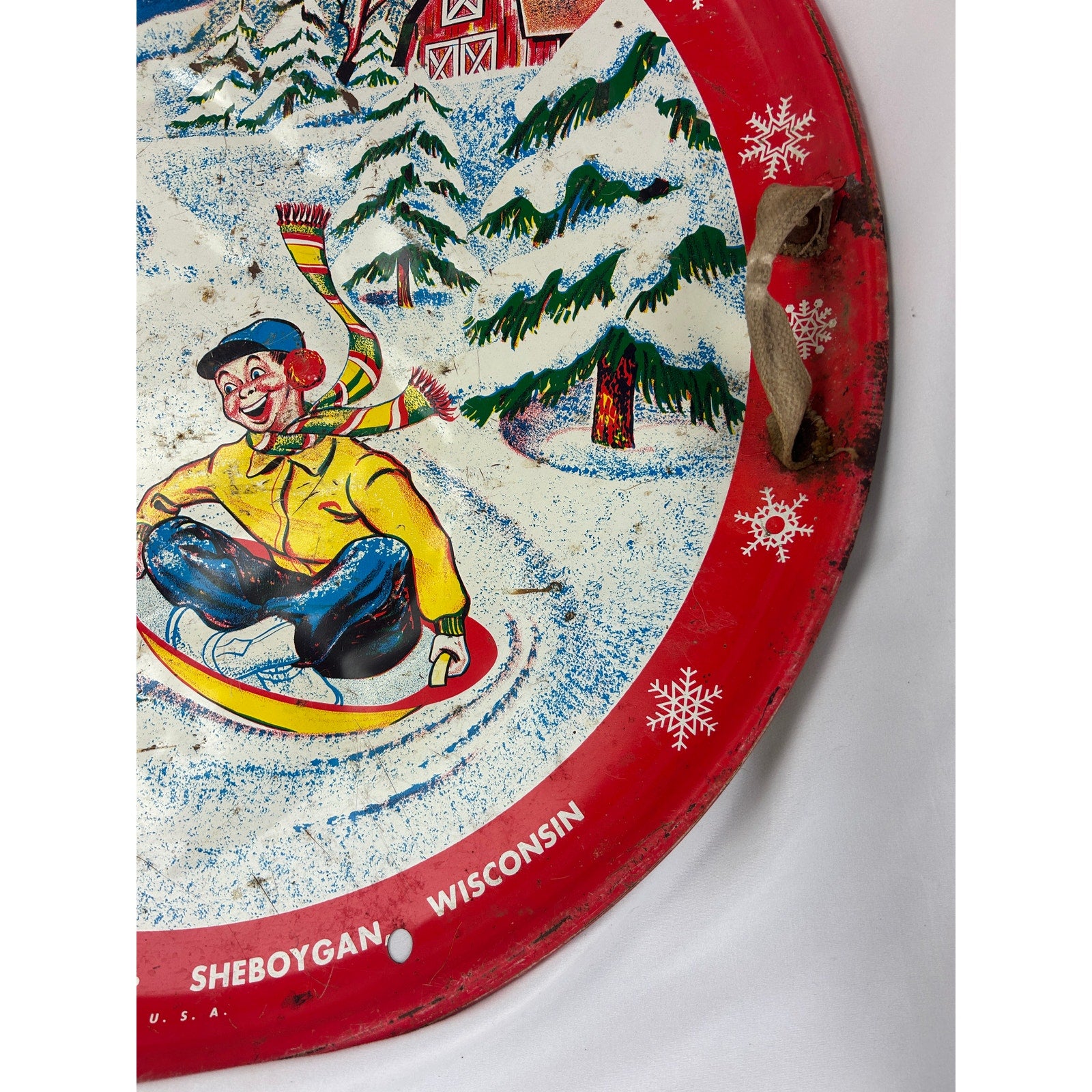 Vintage Garton Toy Snow Flake Saucer Sled Metal Red USA Winter