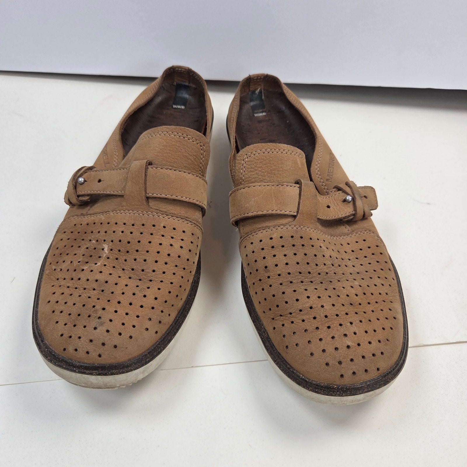 Merrell Around Town J03704 Womens 11 Tan Leather Perforated Slip On Mules