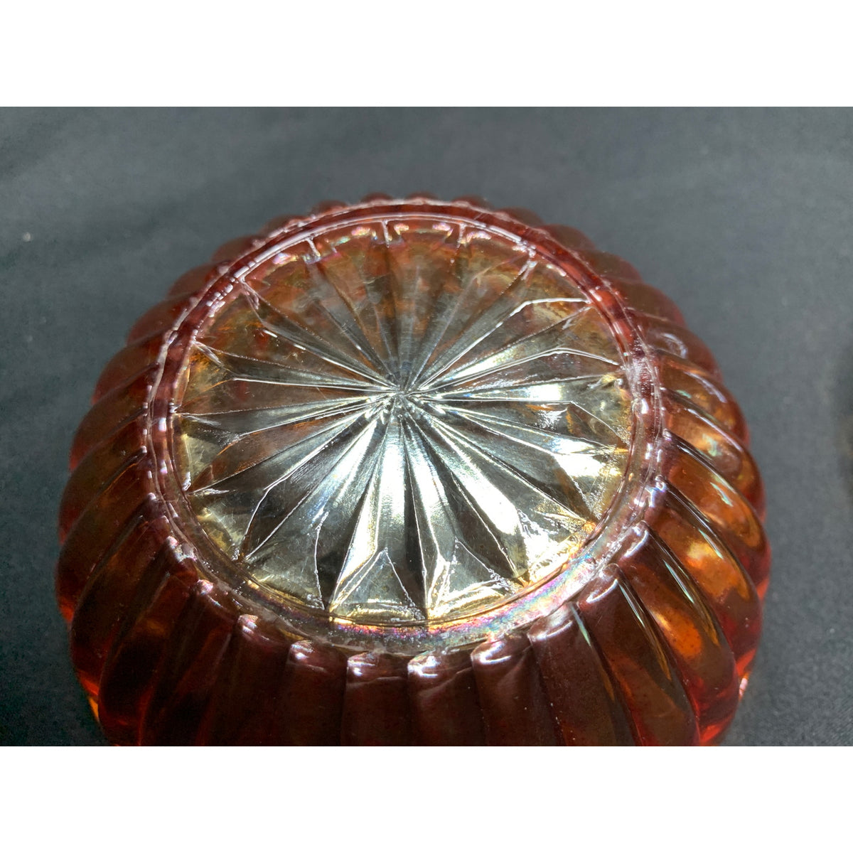 Vintage Marigold Carnival Glass Ribbed Covered Candy Dish Iridescent Amber