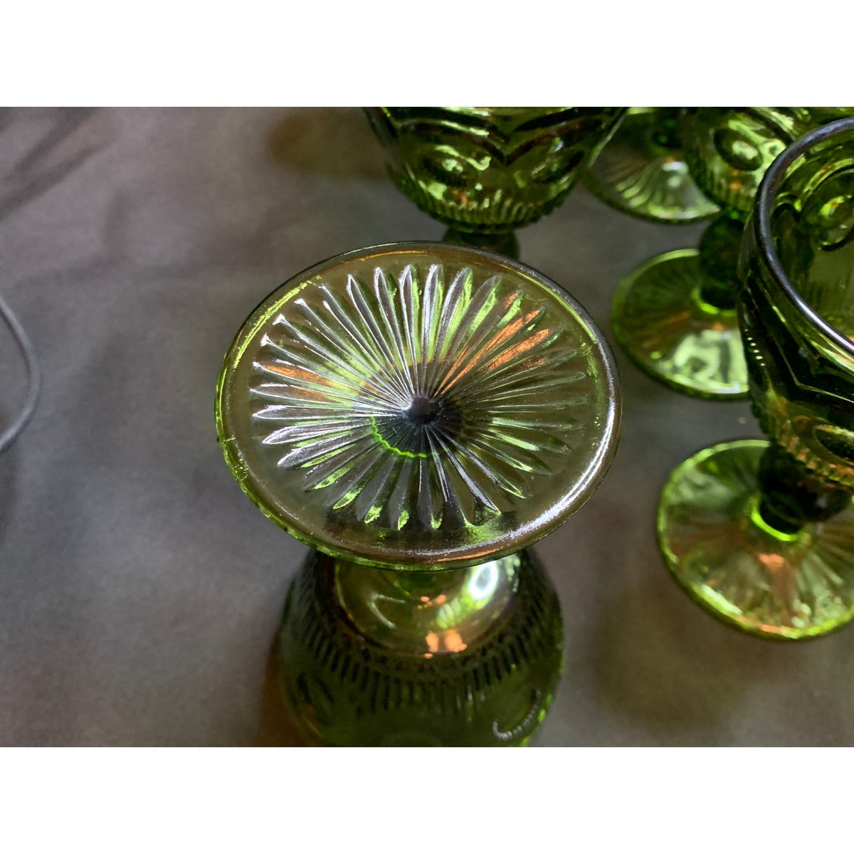 Olive Green Pressed Glass Wine Goblets Ball Stem Rayed Foot Set of 9