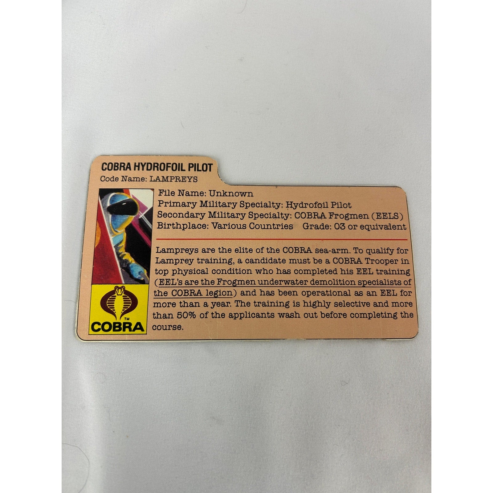 G.I. Joe COBRA Lampreys Hydrofoil Pilot 1985 Figure Complete w File Card