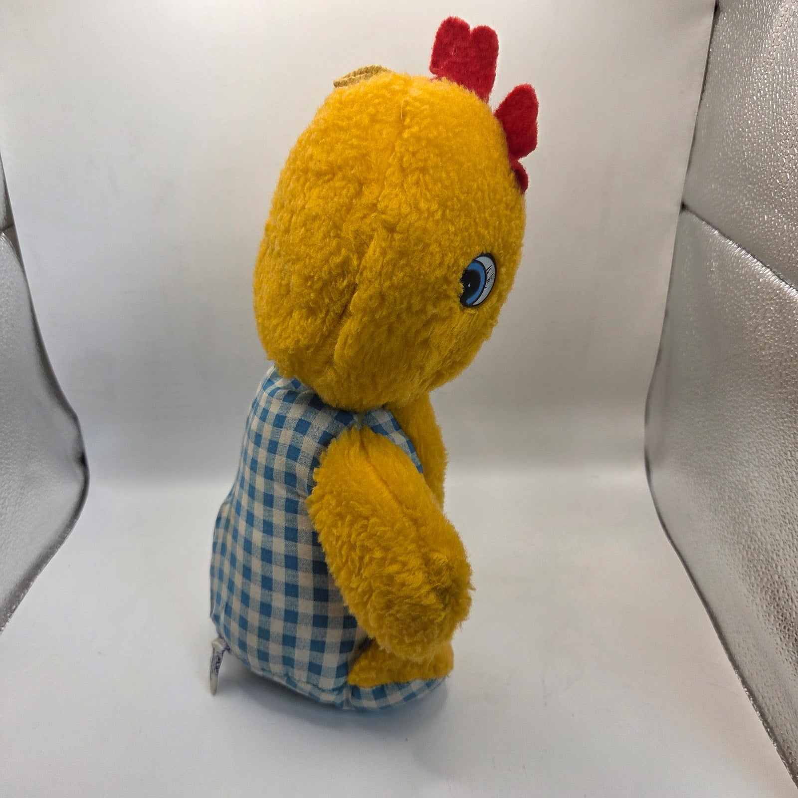 Vintage 1980s Plush Chick Yellow Stuffed Animal in Blue Gingham Romper Haiti