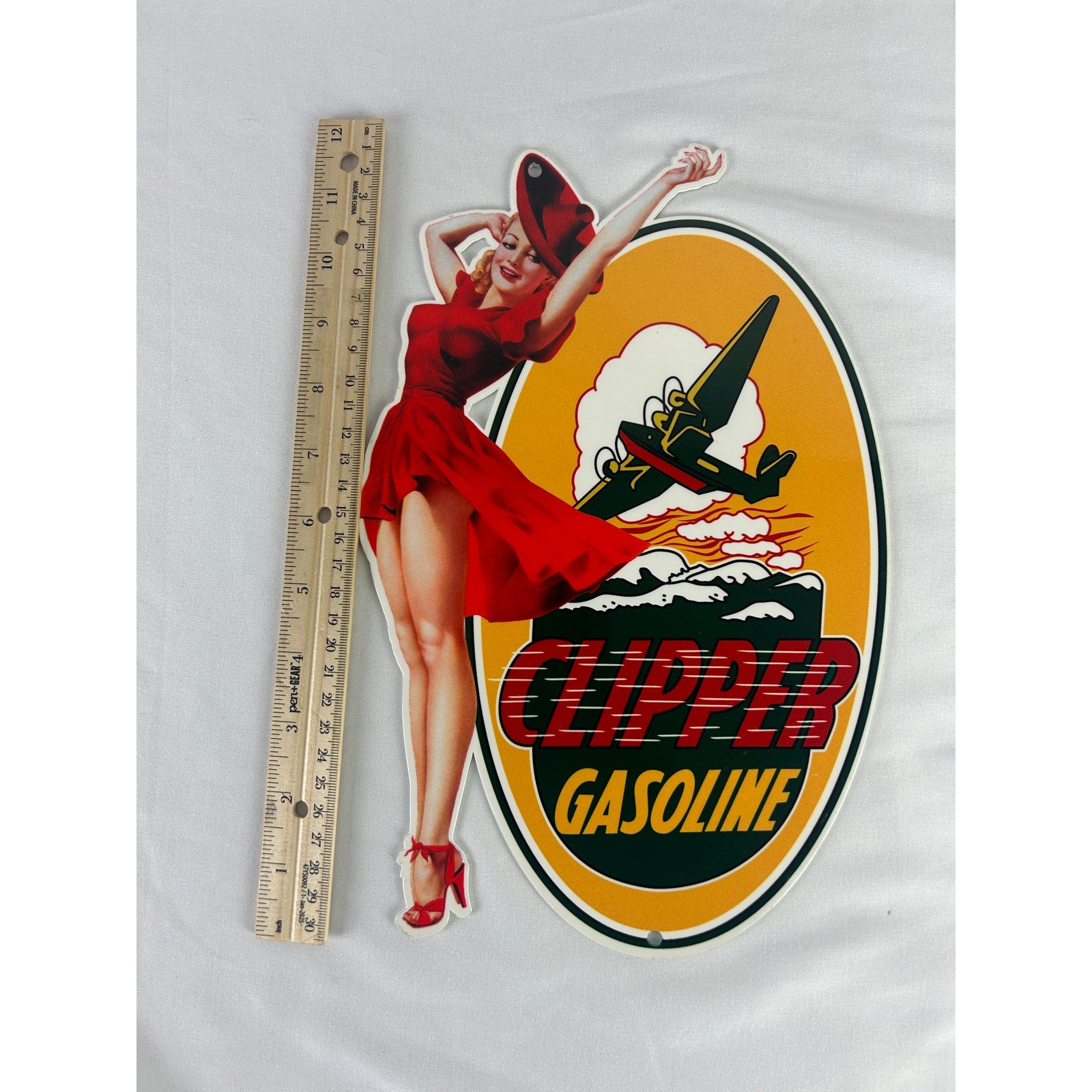 Clipper Gasoline Pin Up Girl Metal Sign Retro Aviation Gas Oil Decor