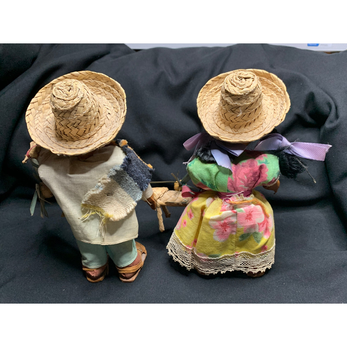 Vintage Mexican Folk Art Oilcloth Dolls Pair Straw Hats Animals 1960s 1970s