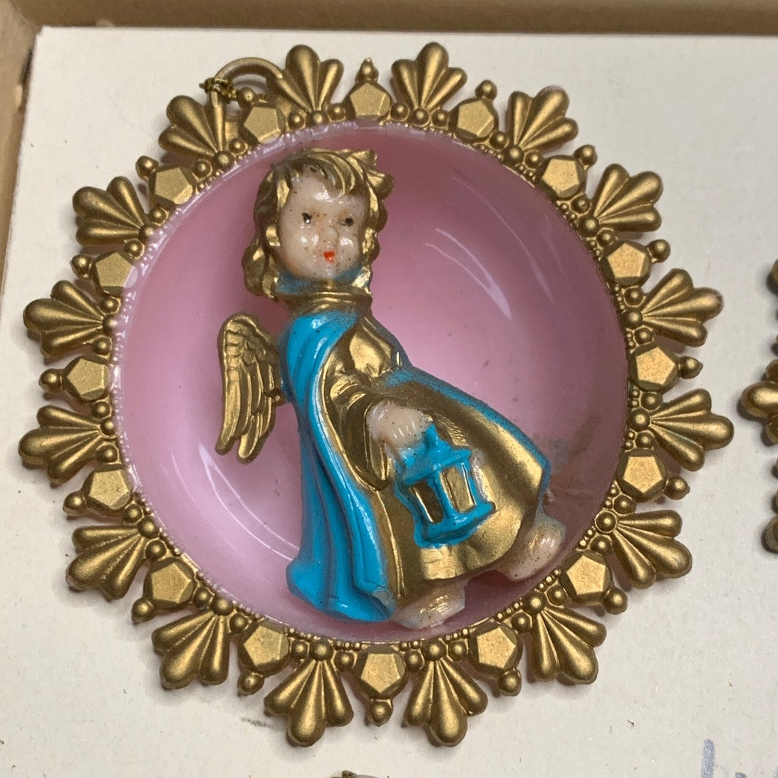 Vintage Western Germany Diorama Christmas Ornaments Set of 6 Boxed 1950s