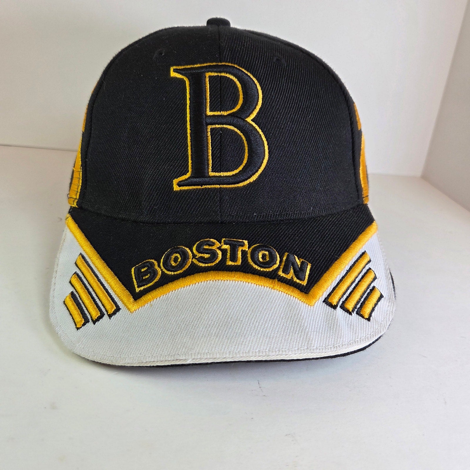 Boston Black & White Flat Brim Hat Hook & Loop Strapback