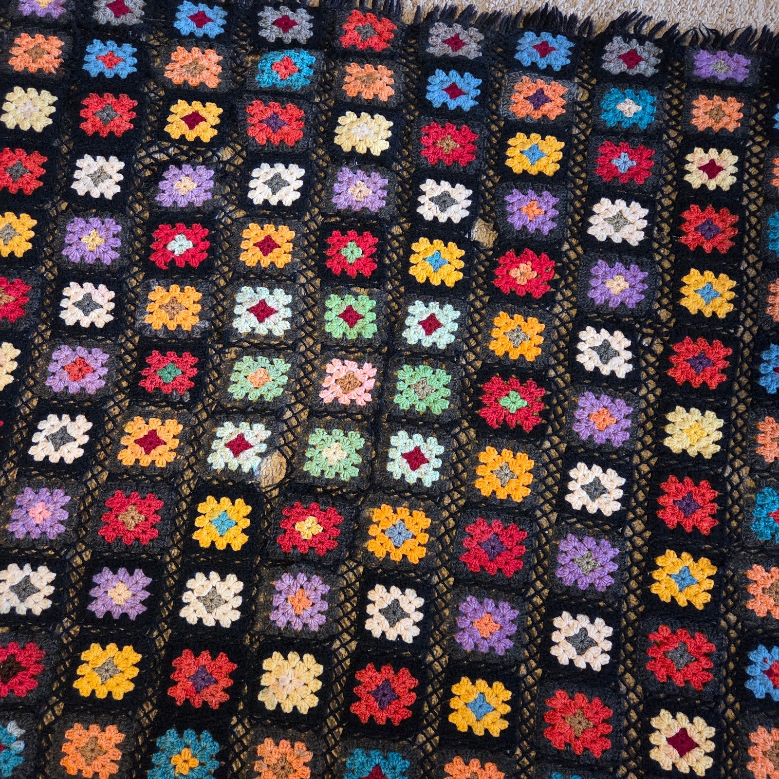 Vintage Handmade Granny Square Crochet Afghan Throw Blanket Roseanne Style