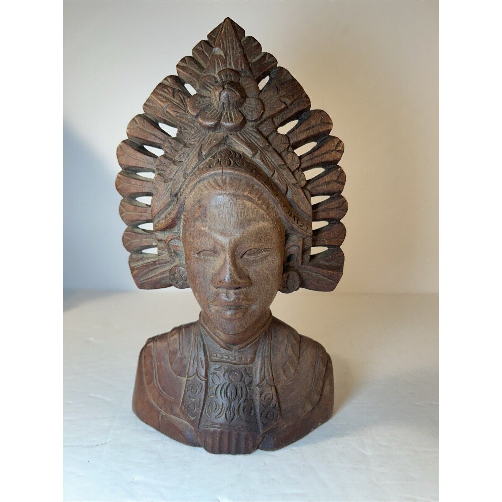 Balinese Hand-Carved Wood Bust Pair | Male & Female Headdress Statues 9-in