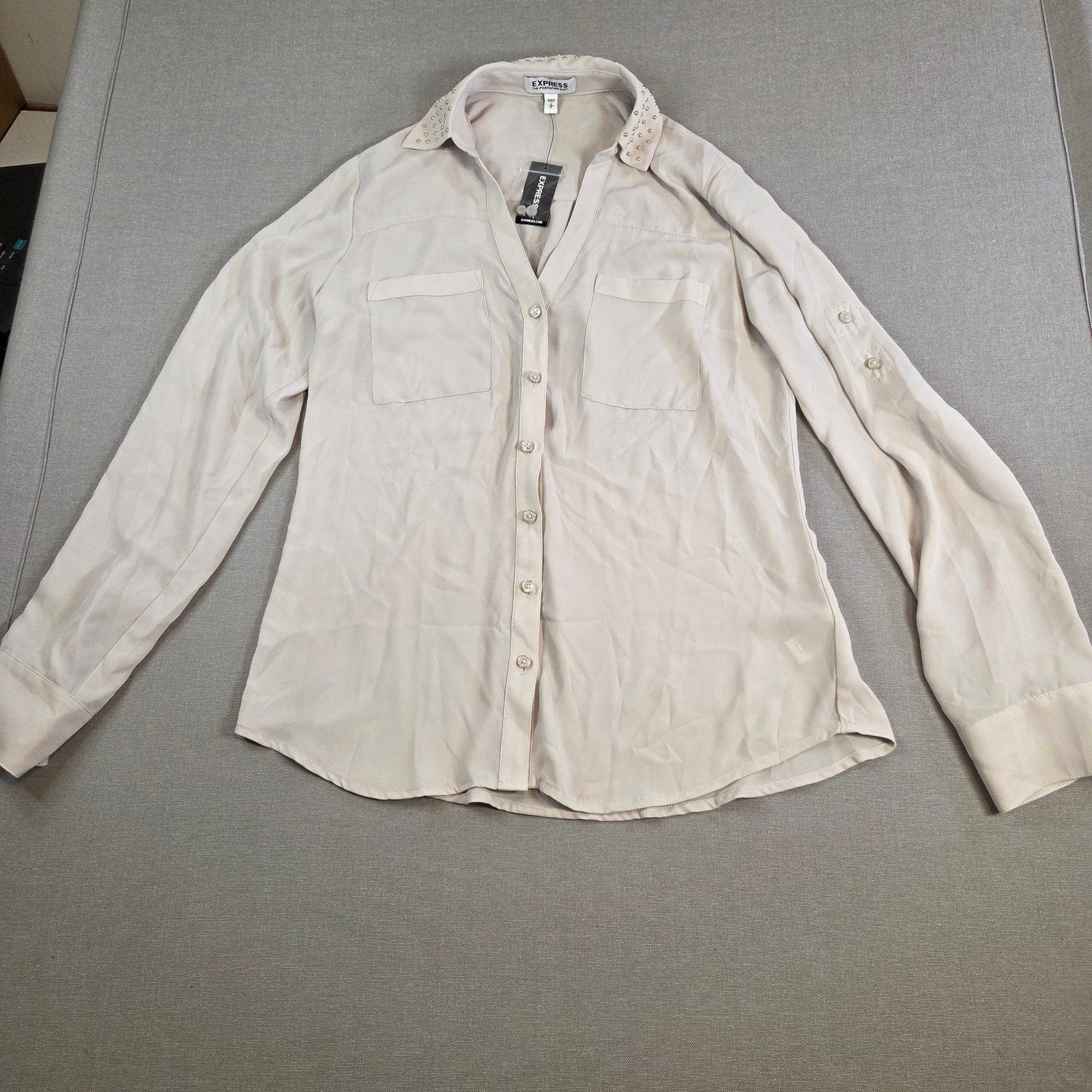 Express Portofino Blouse Women’s Beige Button Front Shirt Size S NWT