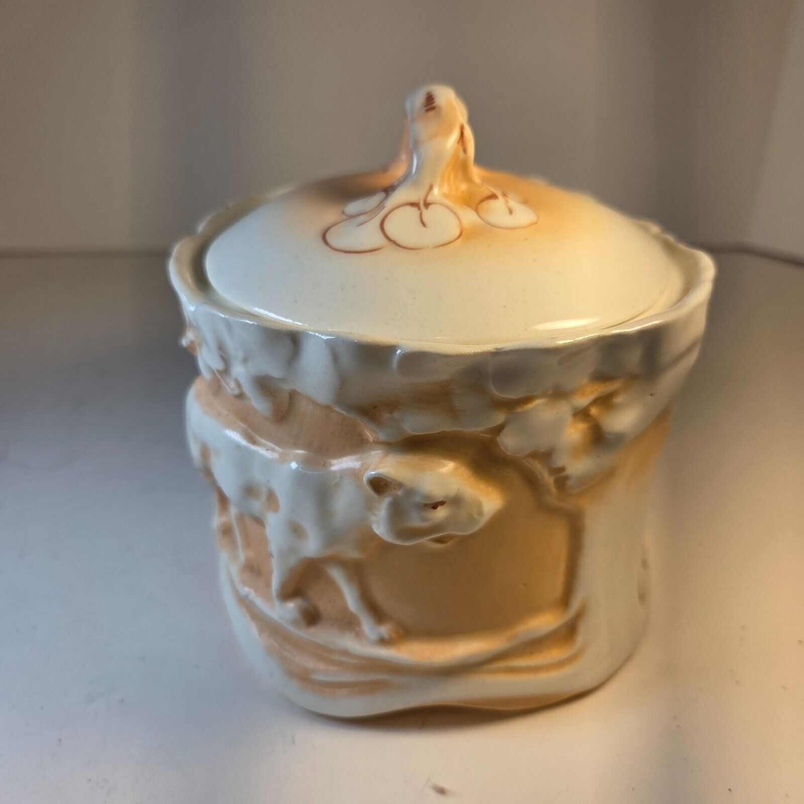 Vintage Czech Tobacco Jar Lion Motif Czecho-Slovakia Marked Ceramic 1920s