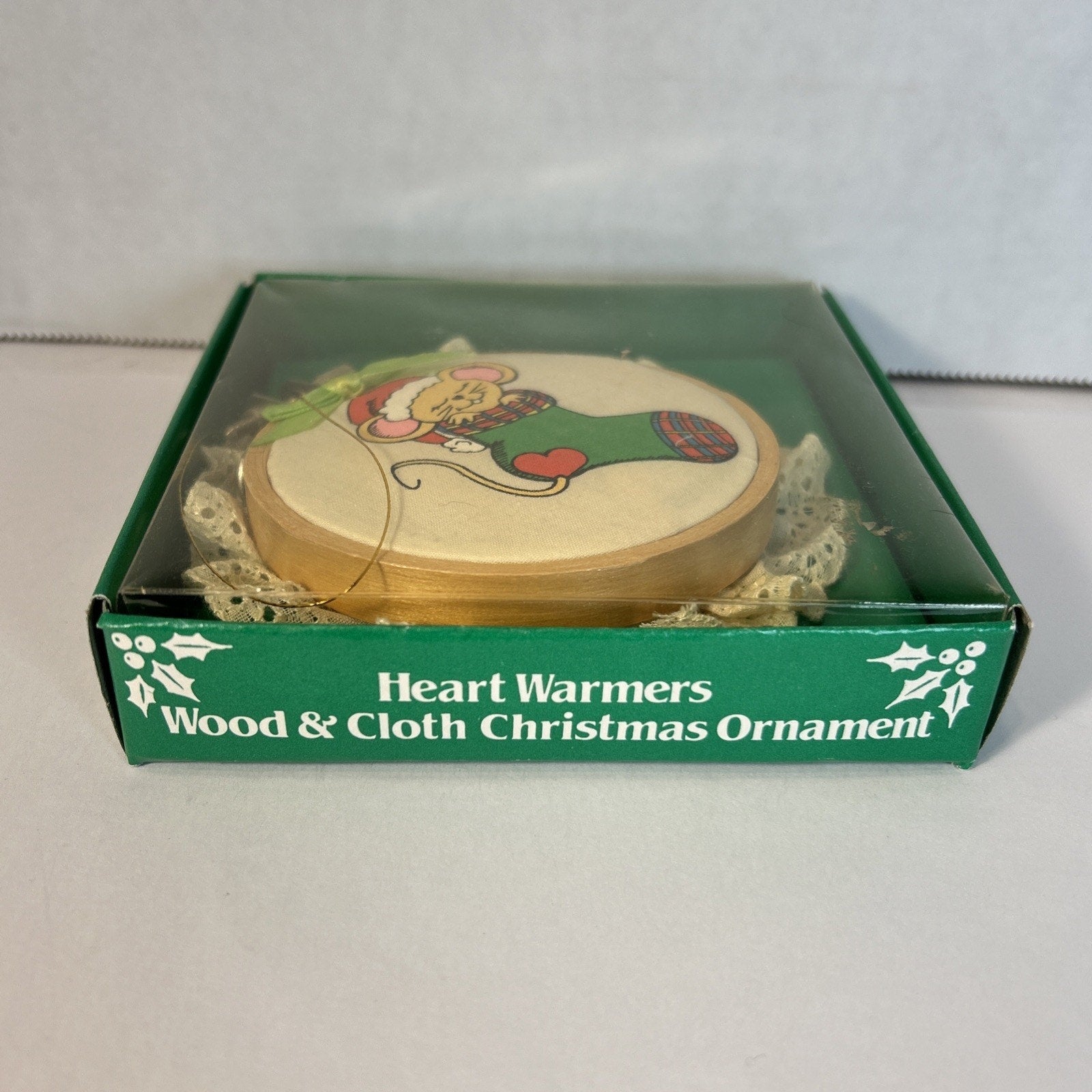 Vintage 1985 Giftco Heart Warmers Wood & Cloth Christmas Ornament Mouse Stocking