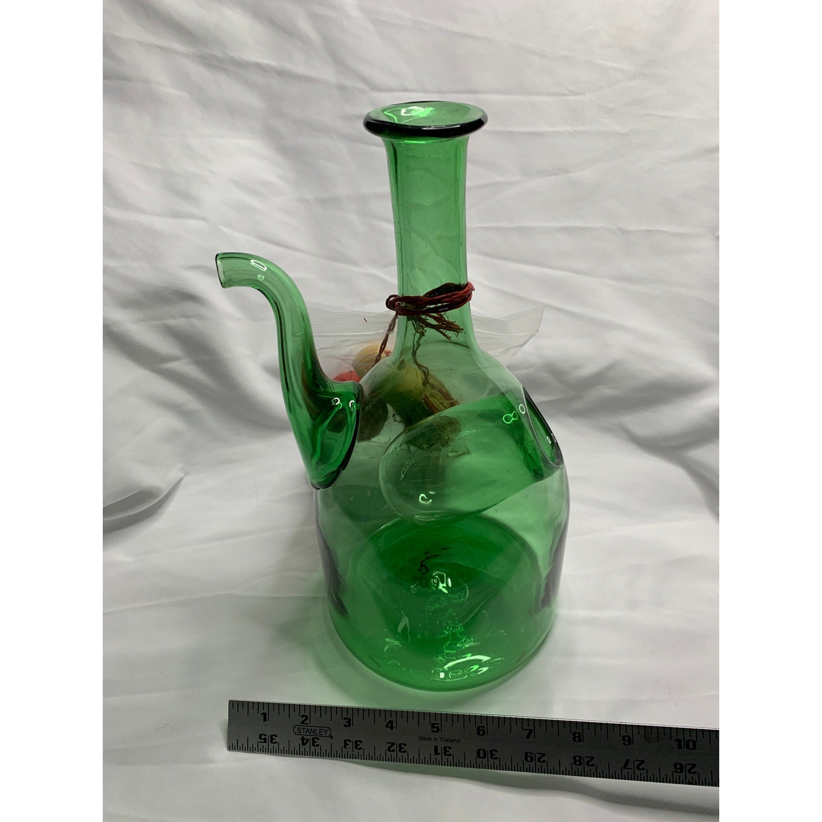 Vintage Italian Style Green Glass Wine Decanter Ice Chamber Raffia Stoppers