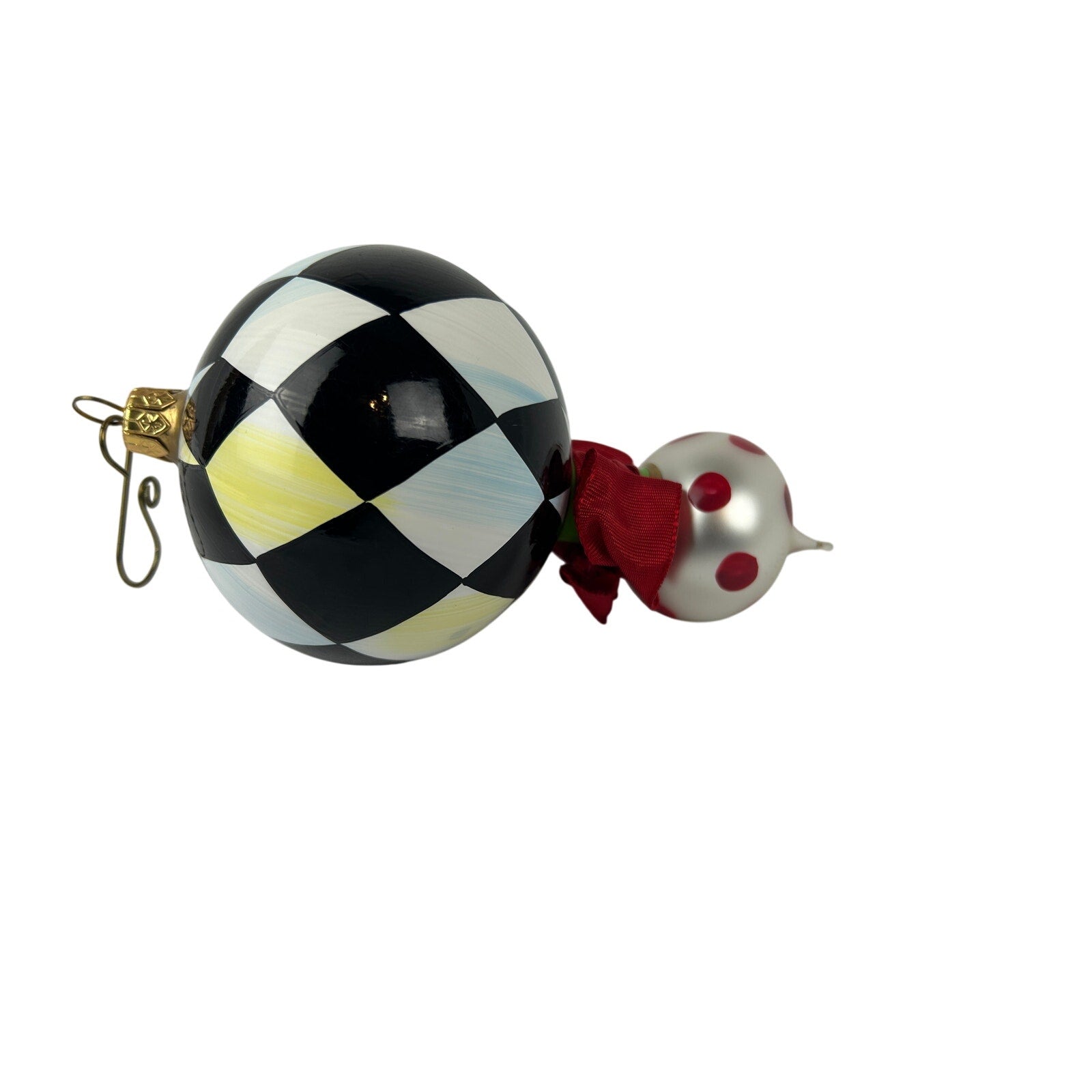 MacKenzie Childs Courtly Check Glass Ball Ornament Polka Dot Finial
