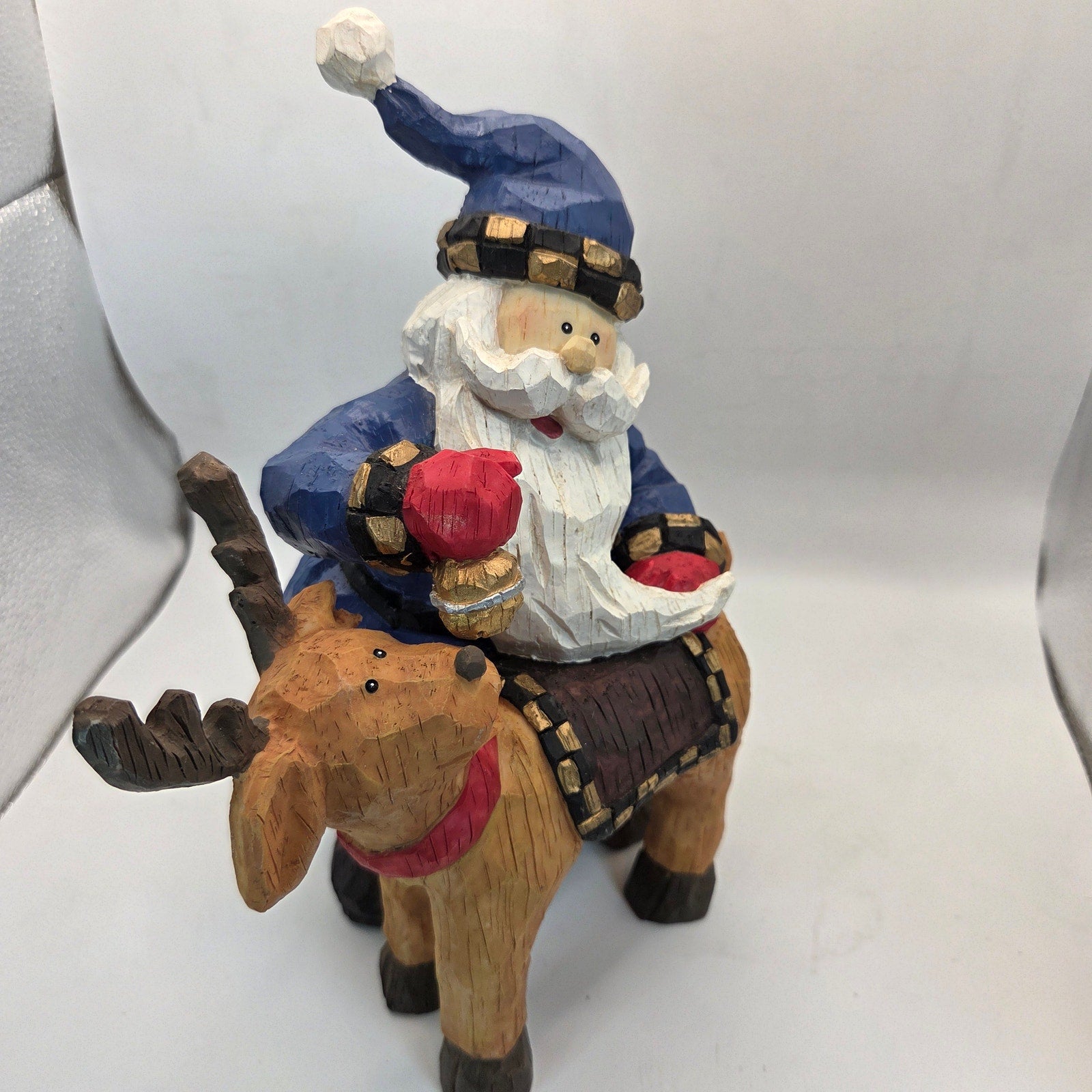 Blue Coat Santa Riding Reindeer Figurine Resin Christmas Decor 11”