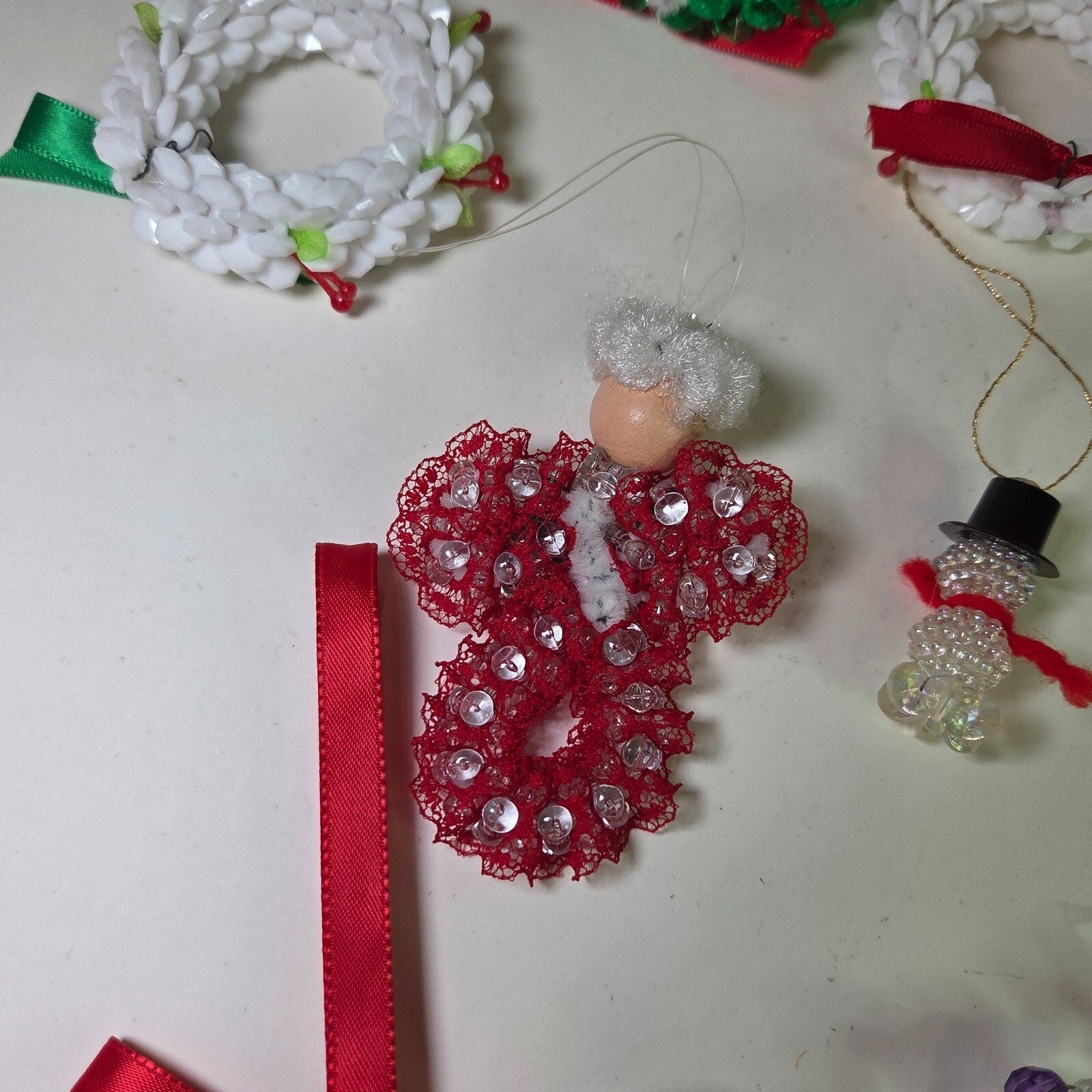 Vintage Handmade Beaded Christmas Ornaments Lot – Wreaths, Birds, More