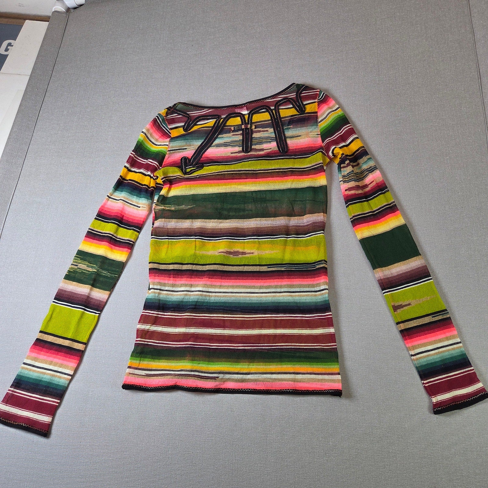 Jean Paul Gaultier Soleil Fuzzi Mesh Top Vintage Y2K Stripe Italy M Long Sleeve
