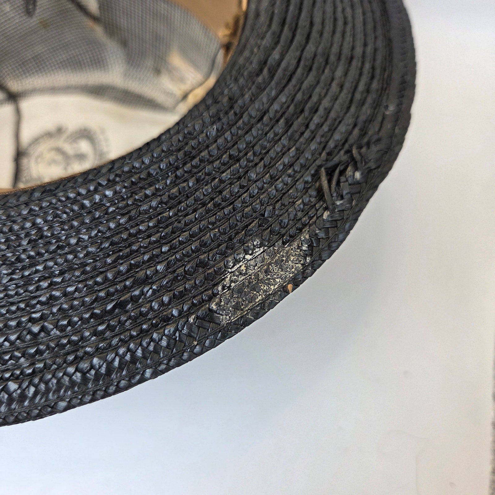 Vintage Straw Boater Hat Black Flat Top Size 6 3/8 Antique Ribbon Band