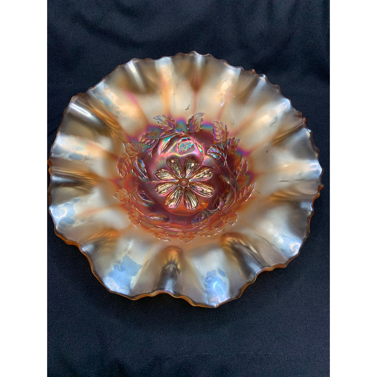 Antique Dugan Cosmos Variant Marigold Carnival Glass Ruffled Bowl 1910s