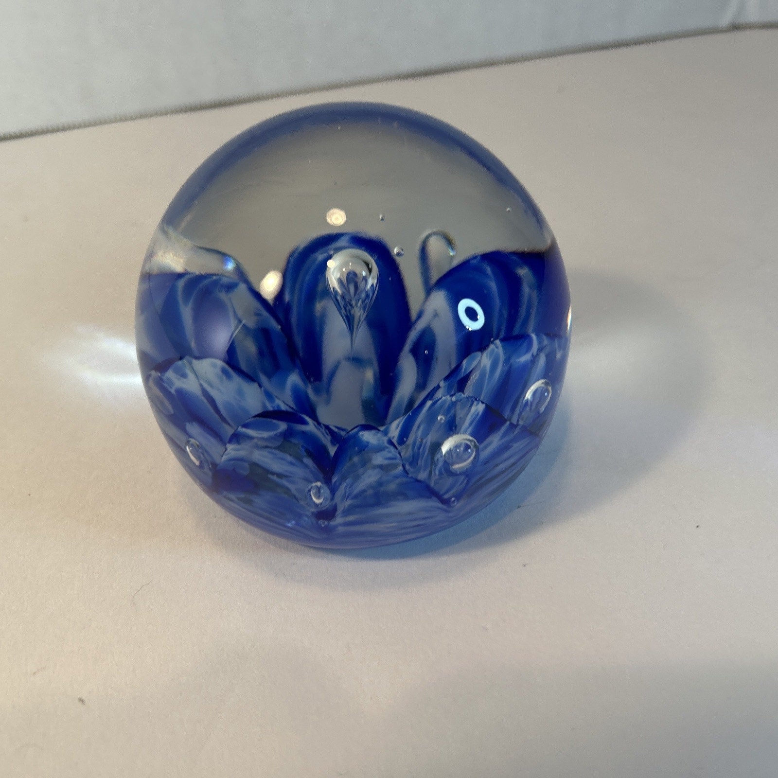 Vintage Monte Dunlavy Signed Art Glass Paperweight Blue Flower Design 3"