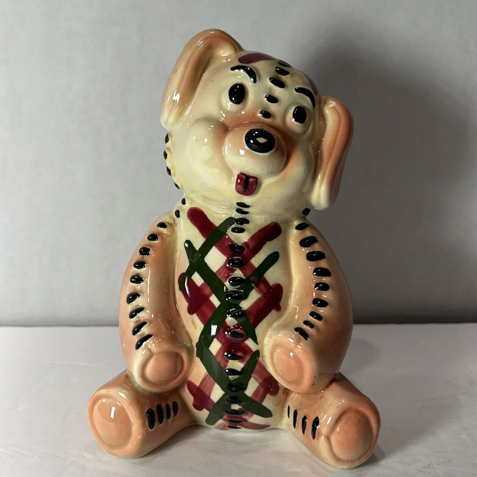 Vintage Patchwork Dog Figurine Hand Painted Ceramic 1950s 1960s Folk Art