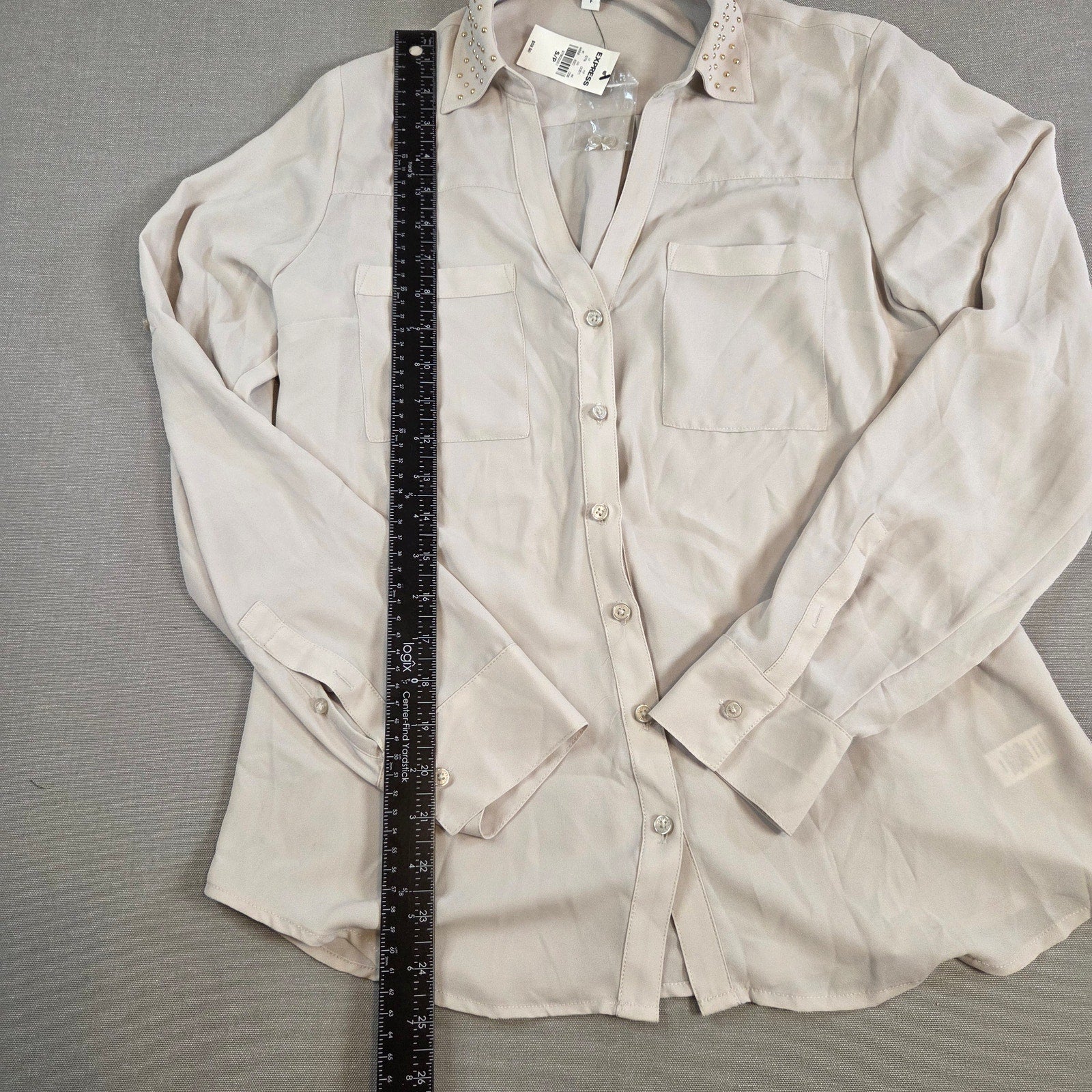 Express Portofino Blouse Women’s Beige Button Front Shirt Size S NWT