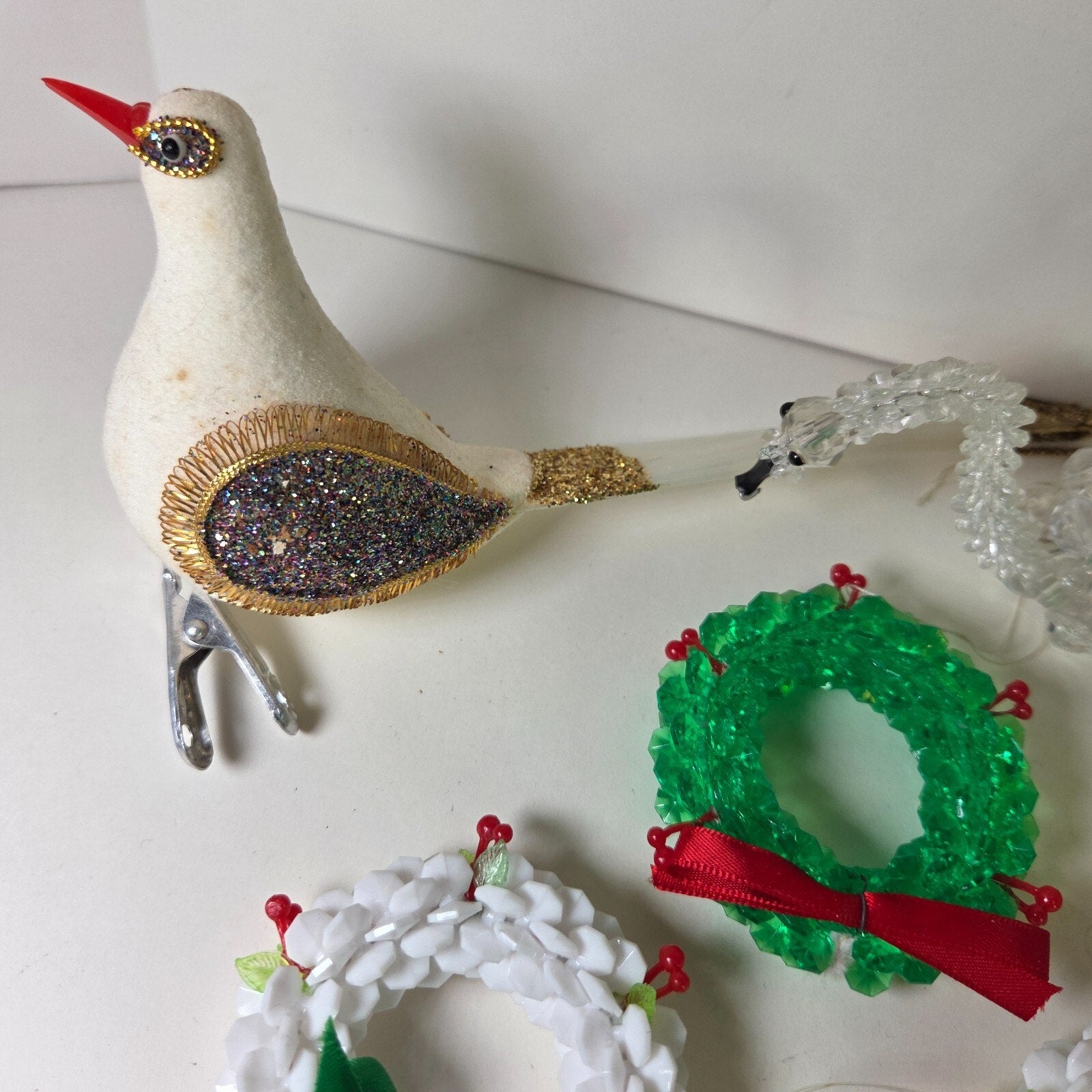 Vintage Handmade Beaded Christmas Ornaments Lot – Wreaths, Birds, More