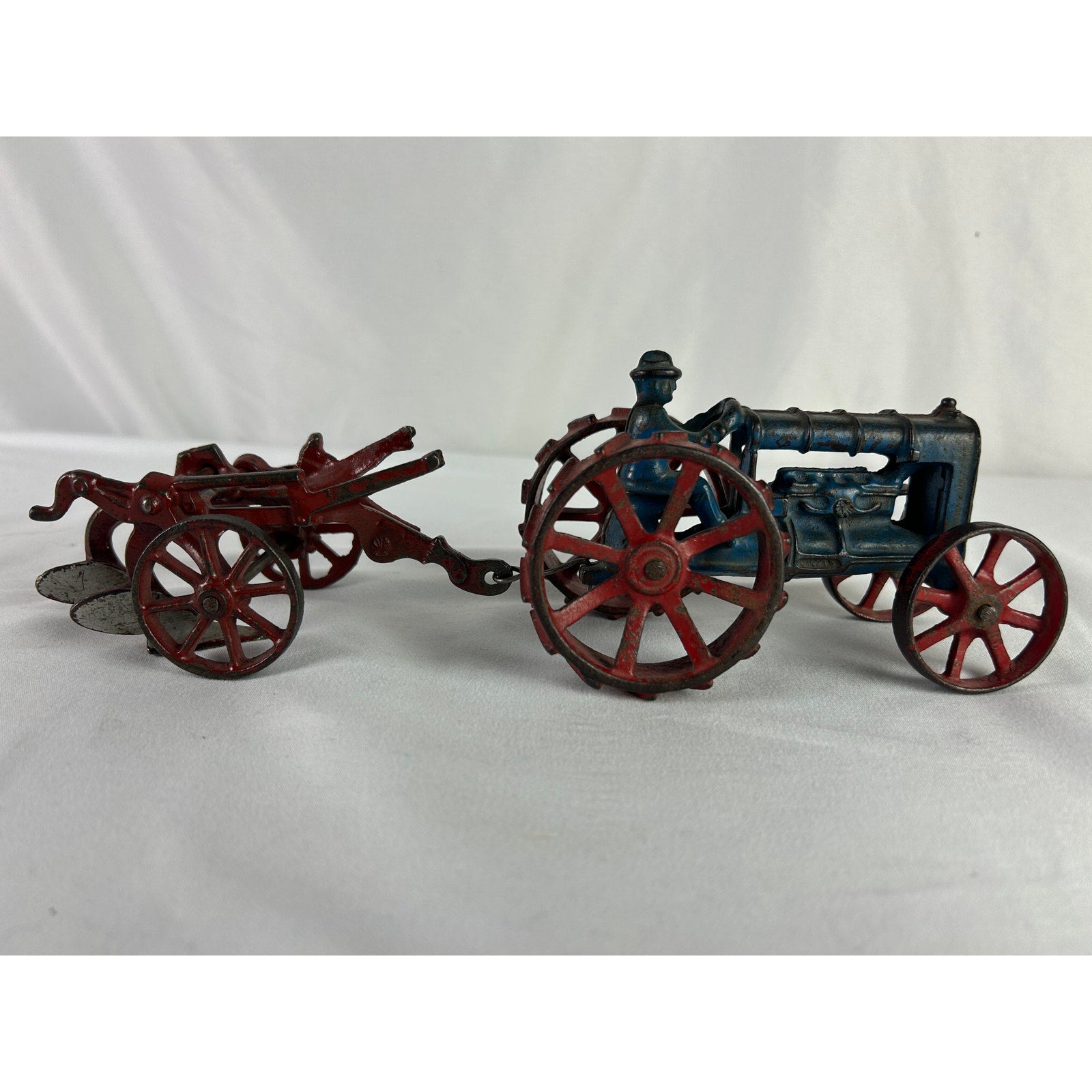 Vintage Arcade Cast Iron Farm Tractor and Plow Toy 1920s Era 11 in