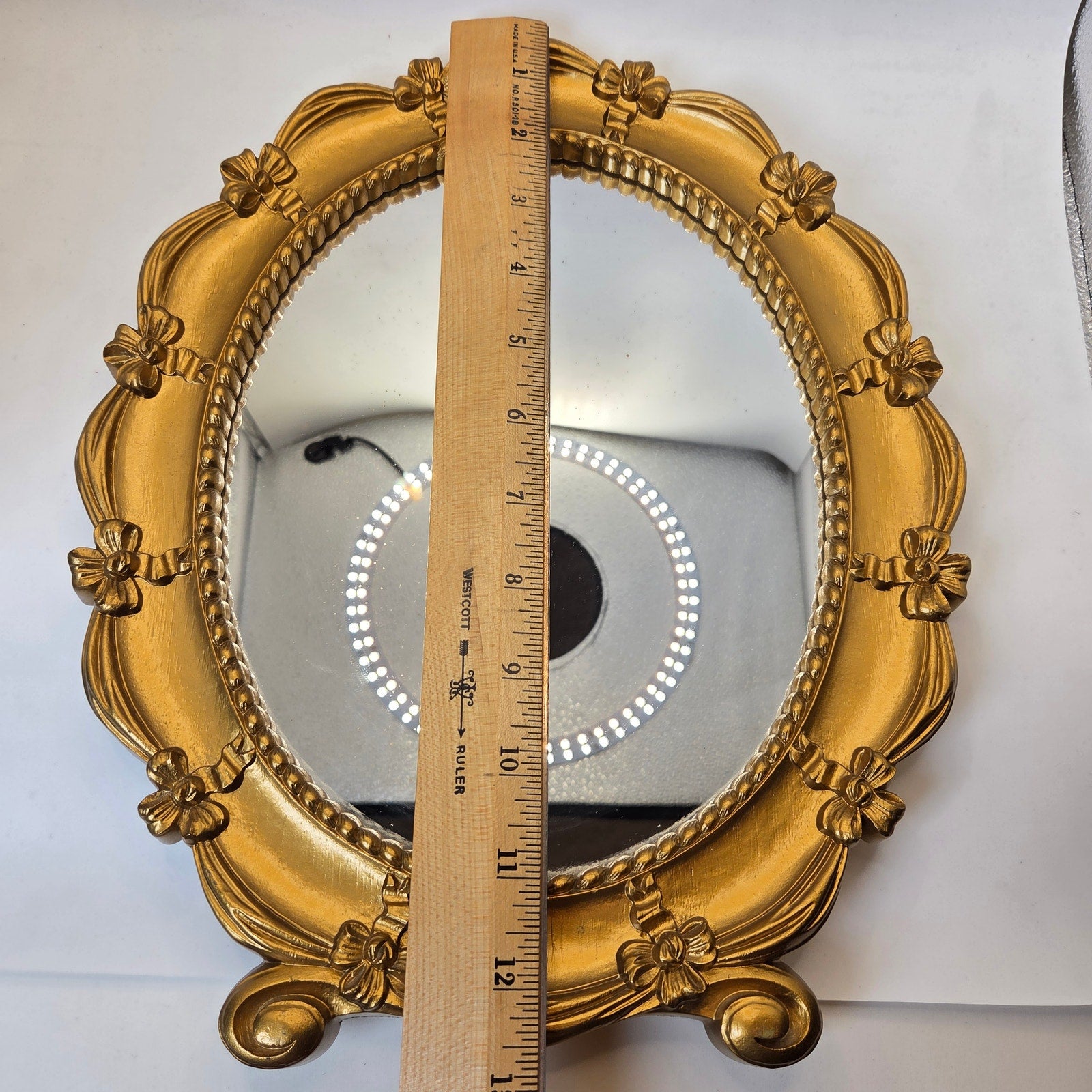 Syroco 1943 Gold Oval Bow Ribbon Vanity Table Mirror USA Wall Hanging VTG MCM