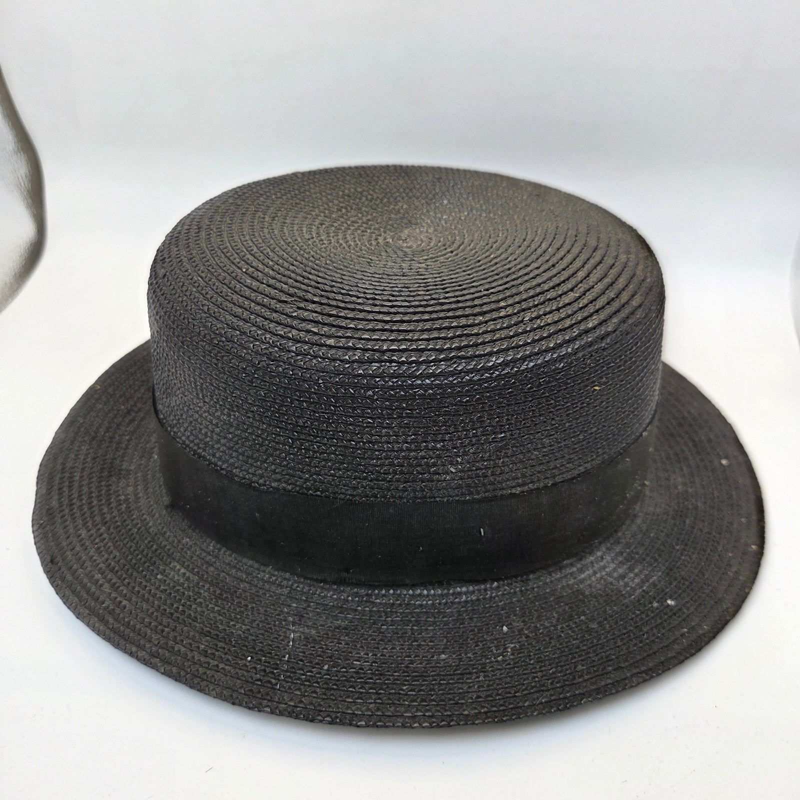 Vintage Straw Boater Hat Black Flat Top Size 6 3/8 Antique Ribbon Band
