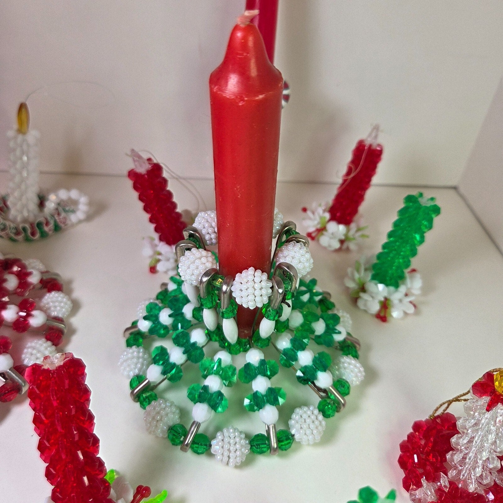 Vintage Beaded Christmas Candle Holders & Ornaments Lot of 13 + Candles
