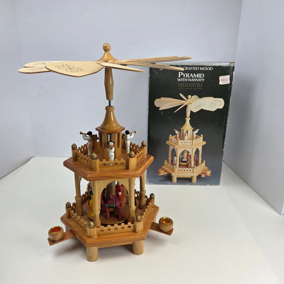 Silvestri Hand Crafted Wood 2 Tier Nativity Christmas Pyramid Box 13" Vintage