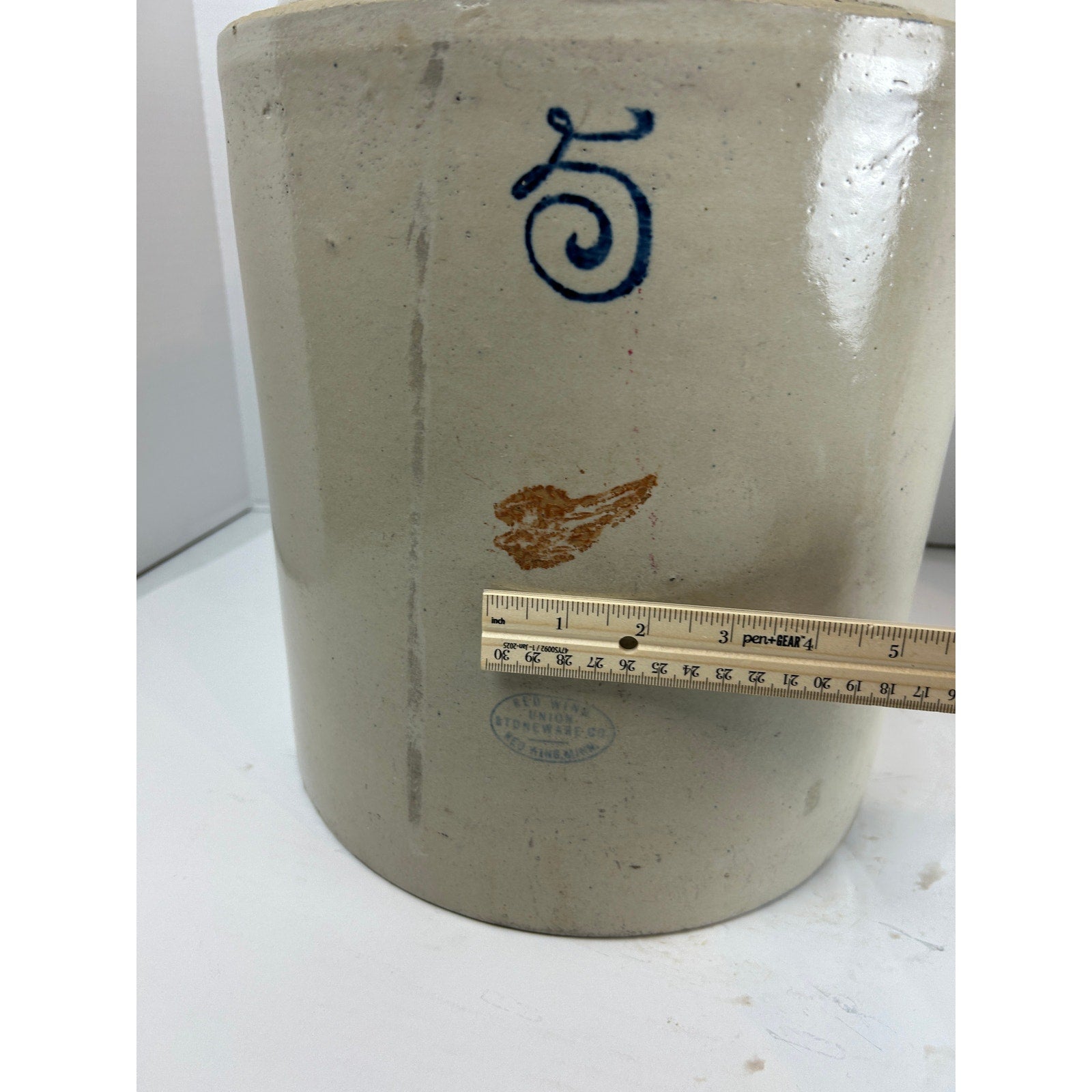 Antique Red Wing 5-Gallon Salt Glaze Jug with Wing and Cobalt “5” Mark