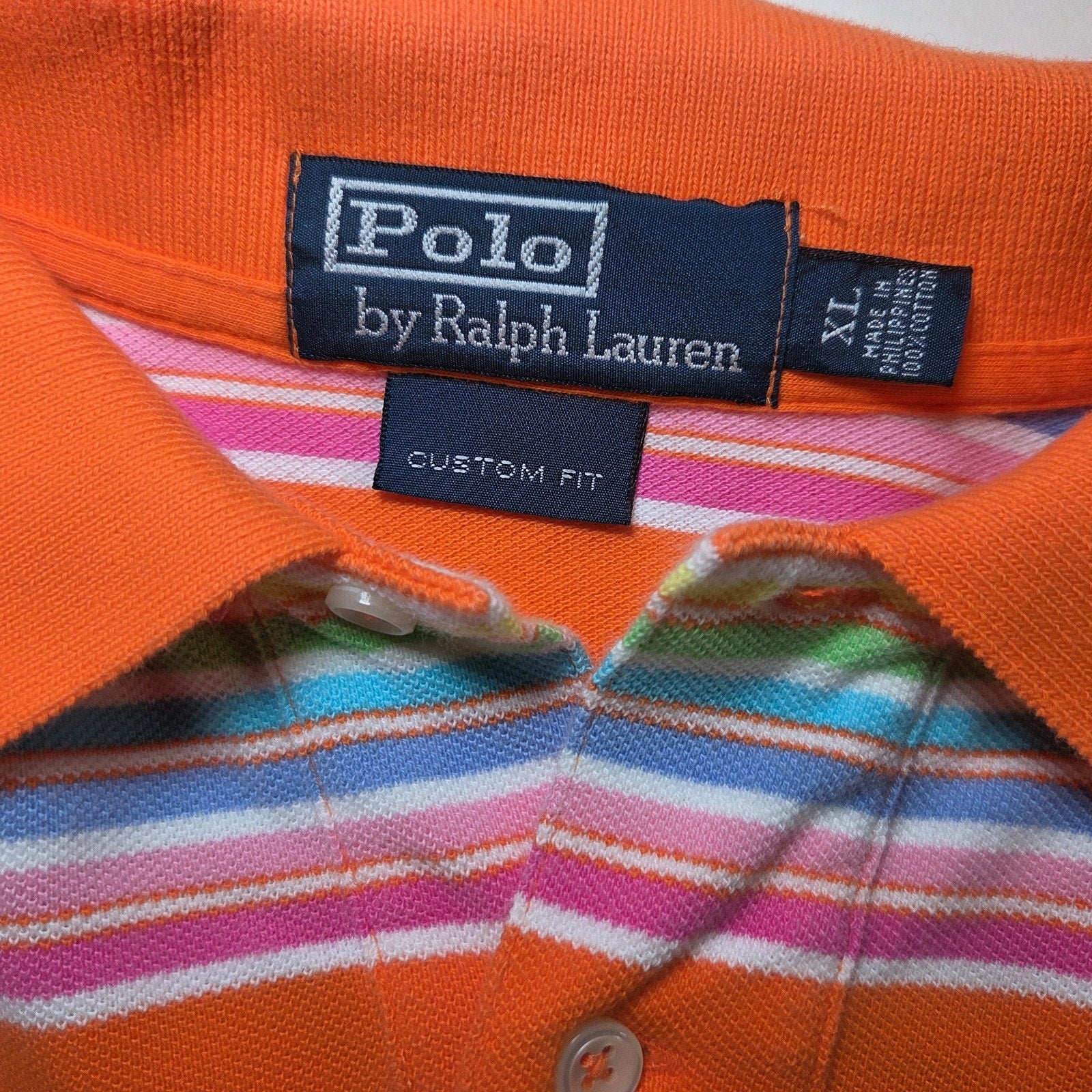 Polo Ralph Lauren XL Custom Fit Stripe Polo Shirt Orange Multicolor Short Sleeve