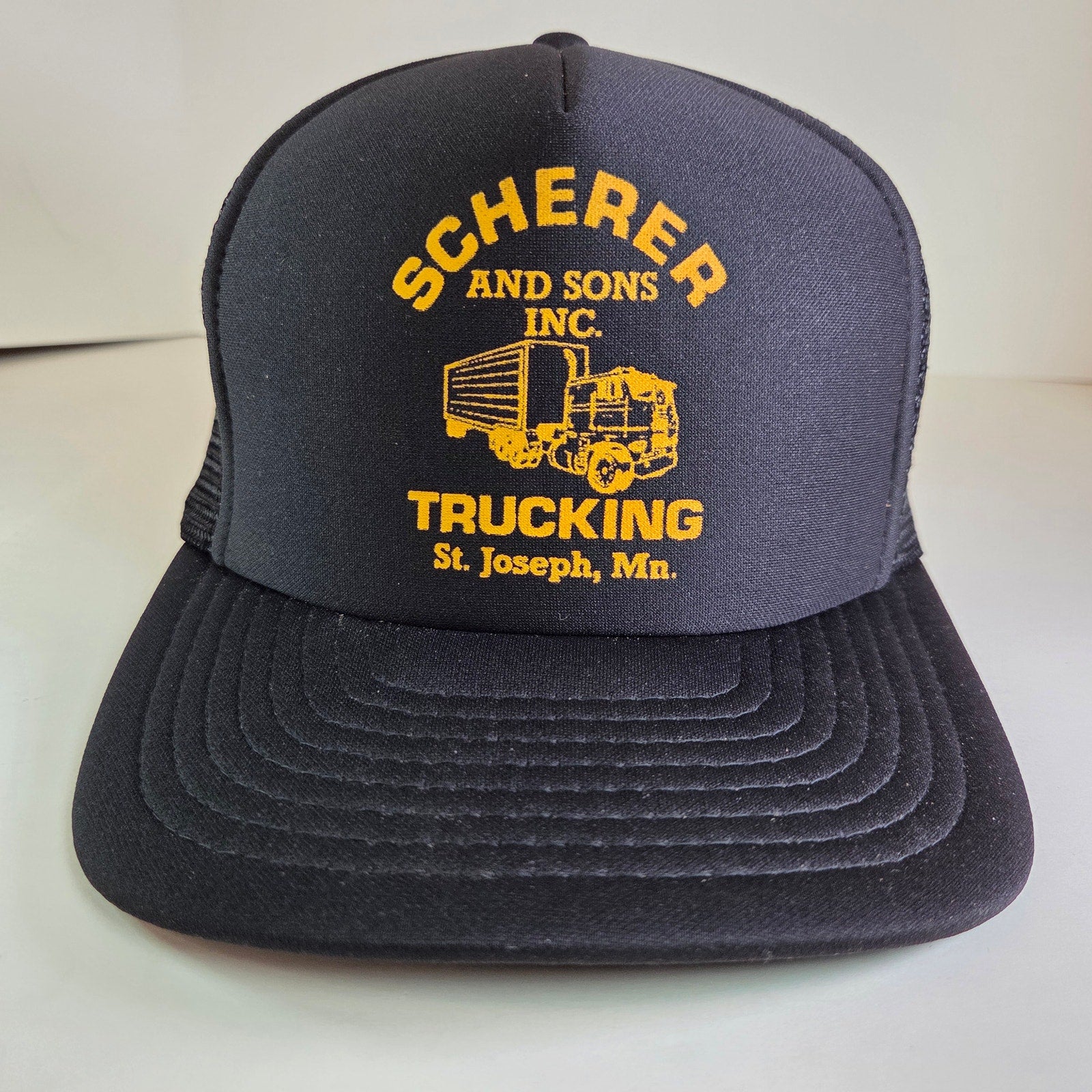 Vintage Scherer & Sons Trucking Hat St. Joseph MN Black Foam Mesh Snapback Promo