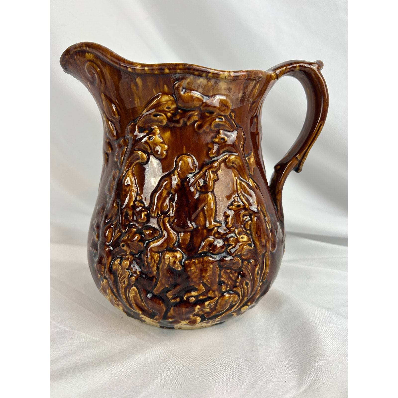 Vintage Rockingham Glaze Pitcher Relief Hunting Scene Dogs Stoneware