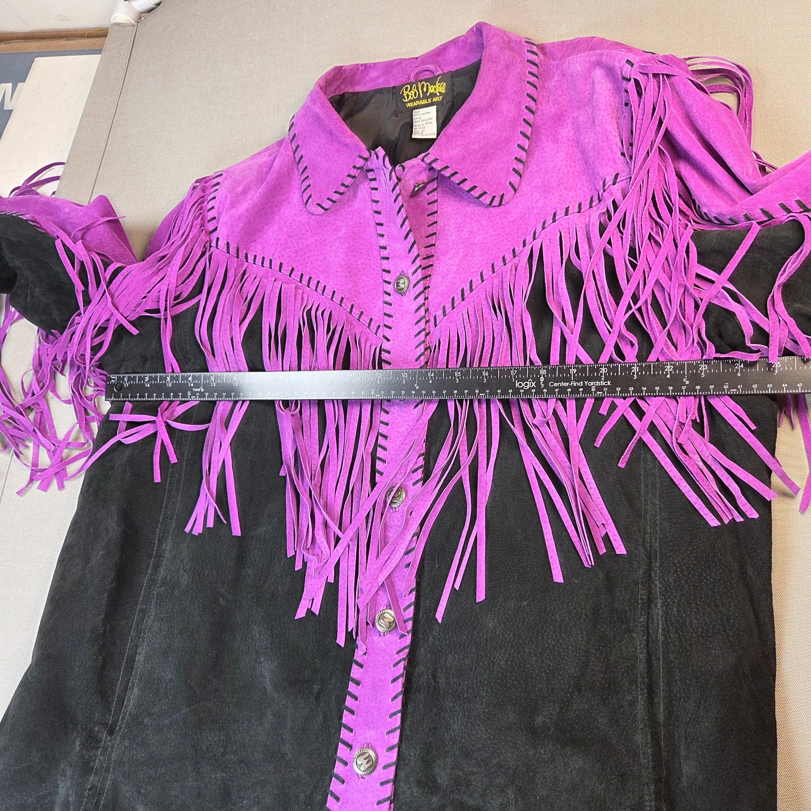 Bob Mackie Wearable Art 2X Leather Fringe Western Jacket Purple Black