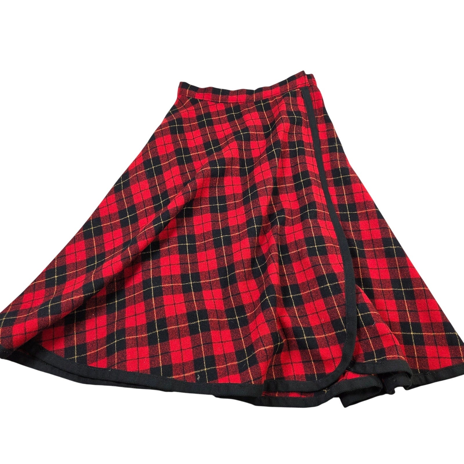 Vintage Red Black Plaid Circle Skirt Tartan A Line Wool Blend 25 In Hook Closure