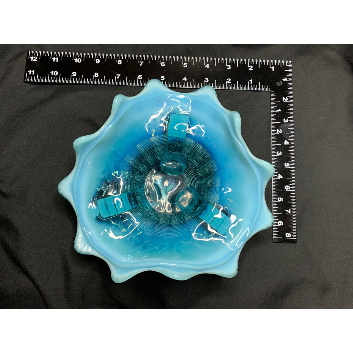 Antique Northwood Klondyke Blue Opalescent Fluted Scroll Footed Bowl