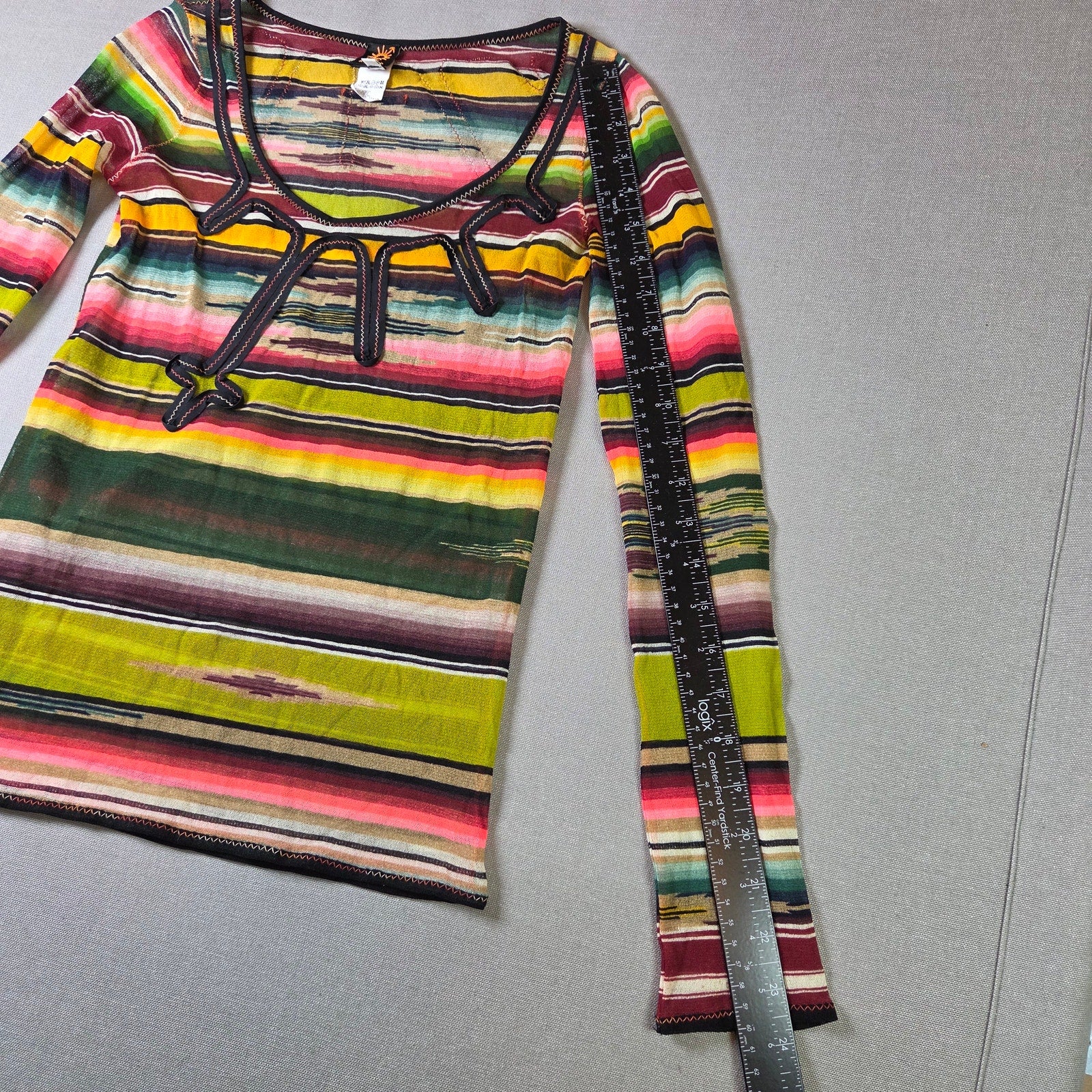 Jean Paul Gaultier Soleil Fuzzi Mesh Top Vintage Y2K Stripe Italy M Long Sleeve