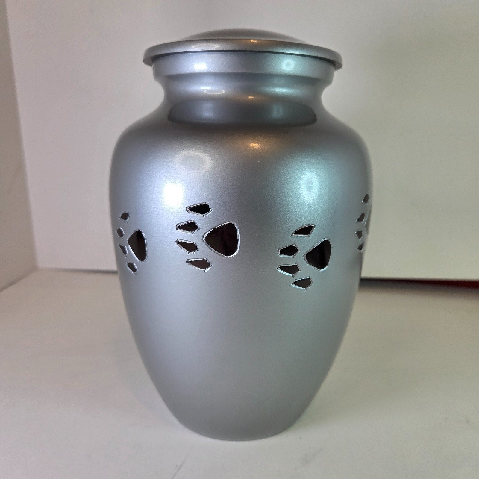 Paw Print Pet Cremation Urn Silver Pewter 8"
