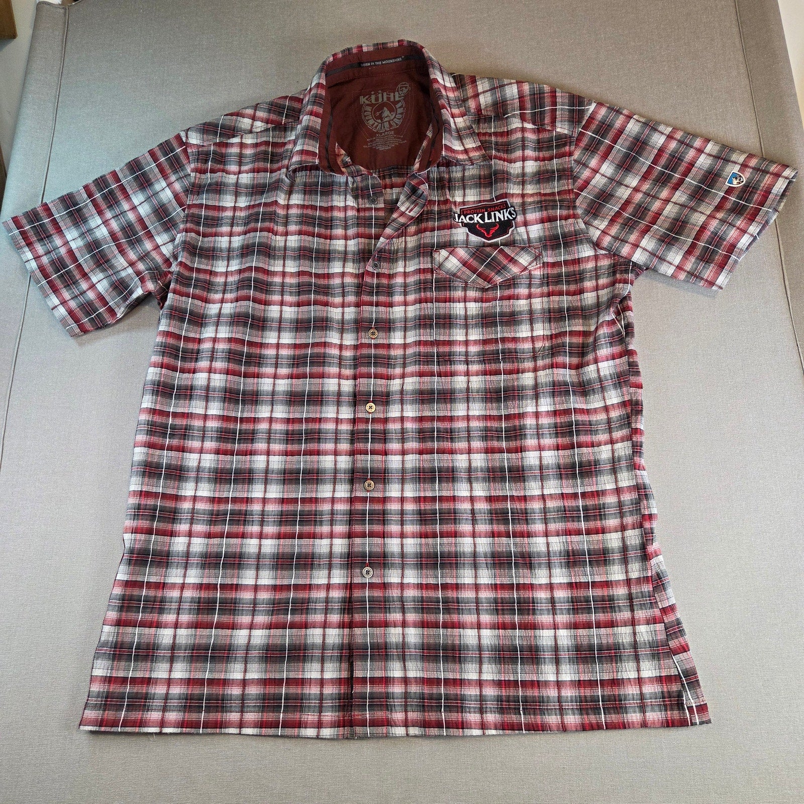 Kuhl Plaid Button Down Shirt XL Short Sleeve Jack Link’s Promo Embroidery