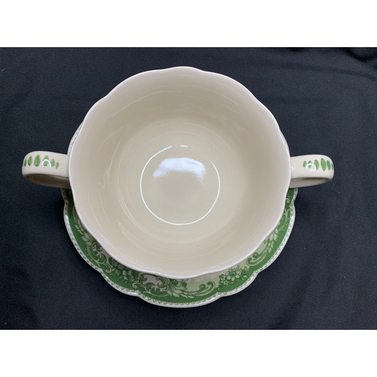 Vintage Green Transferware 2 Handle Cream Soup Cup & Saucer Scenic Floral