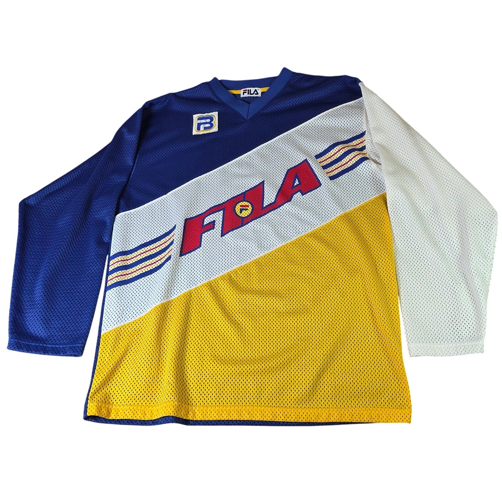 FILA Vintage Colorblock Mesh Long Sleeve Shirt Large Blue Yellow White