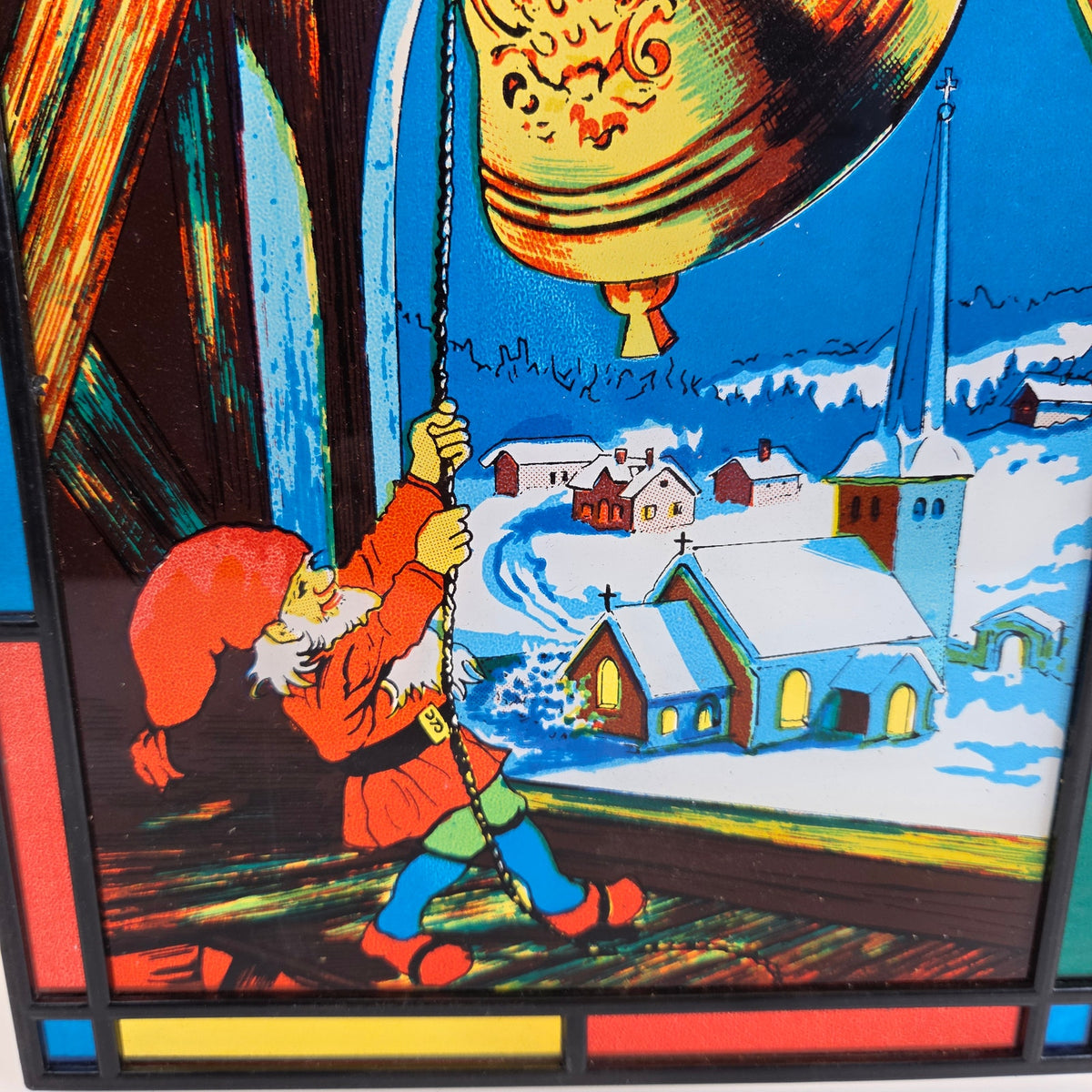 Vintage Faux Stained Glass Christmas Elf Ringing Bell Window Panel Suncatcher
