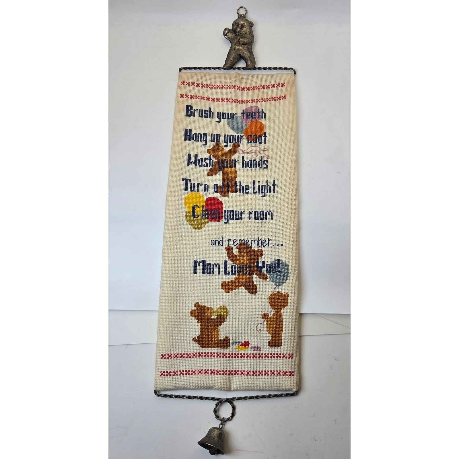 Vintage Teddy Bear Needlepoint Wall Hanging Bell Mom Loves You Nursery Decor