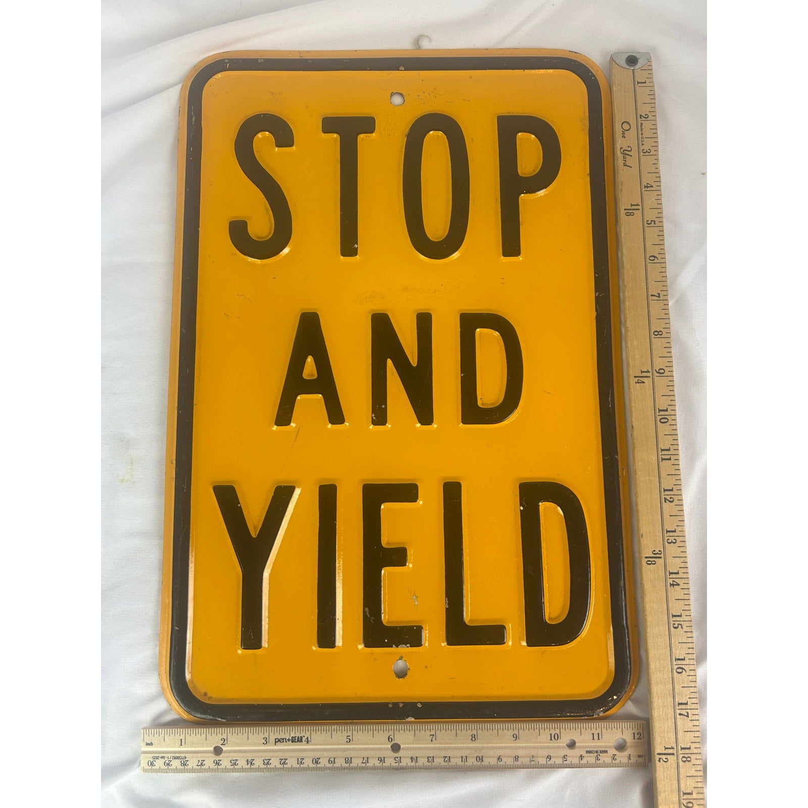 Vintage Stop And Yield Metal Road Sign Yellow Black Embossed 12x18