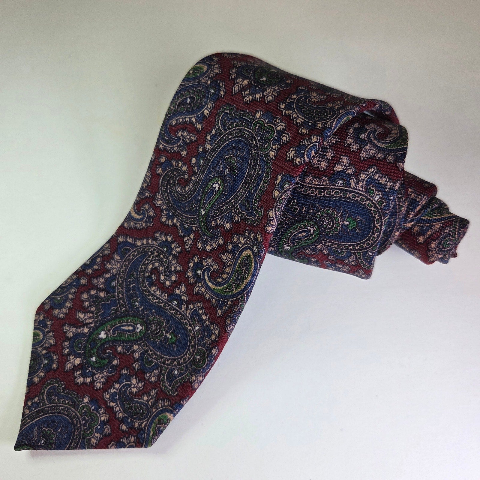 Marshall Field’s Made in England Wool Paisley Tie Burgundy Green Blue 3.25” Wide