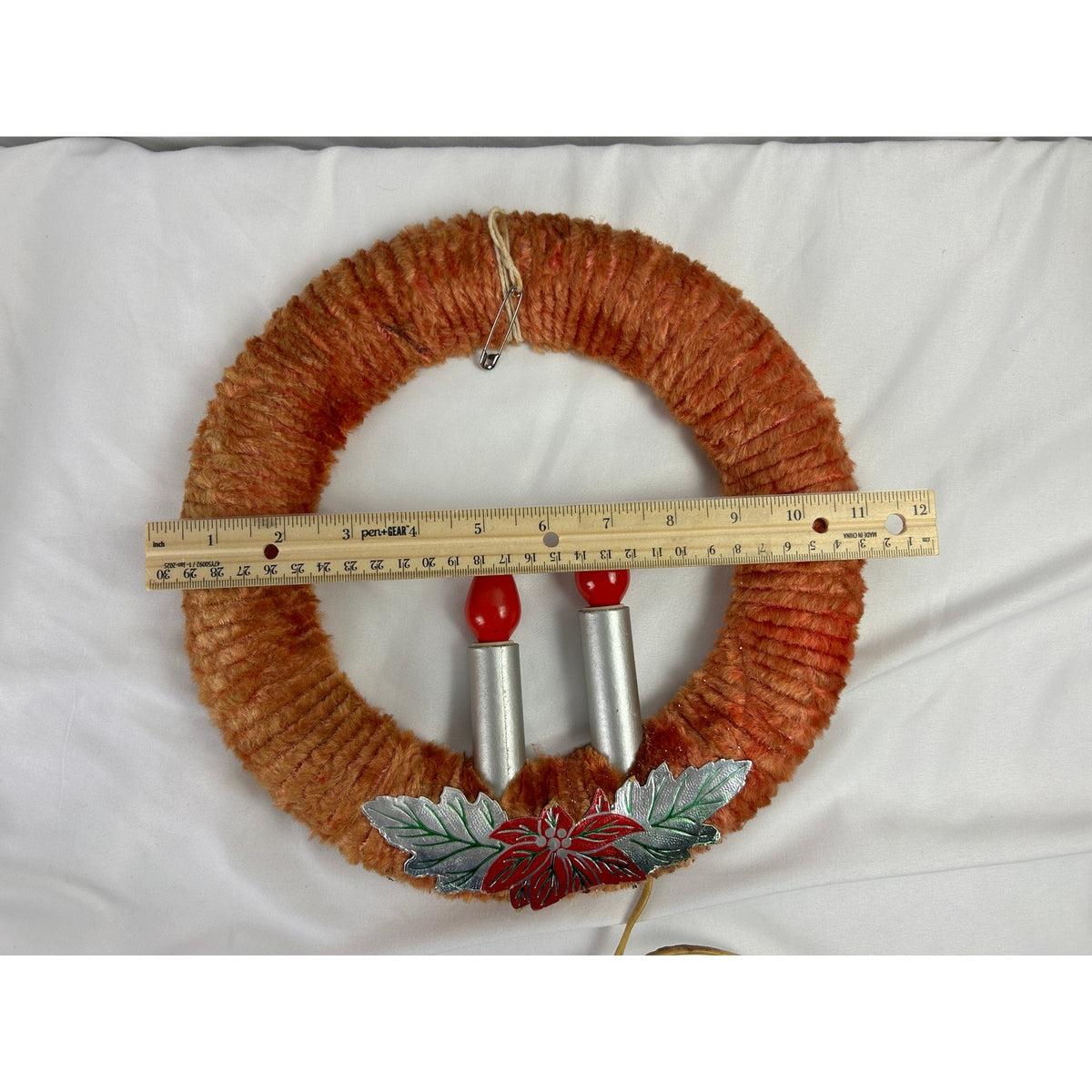 Vintage 1940s Chenille Christmas Wreath Double Electric Candles 11" WORKS