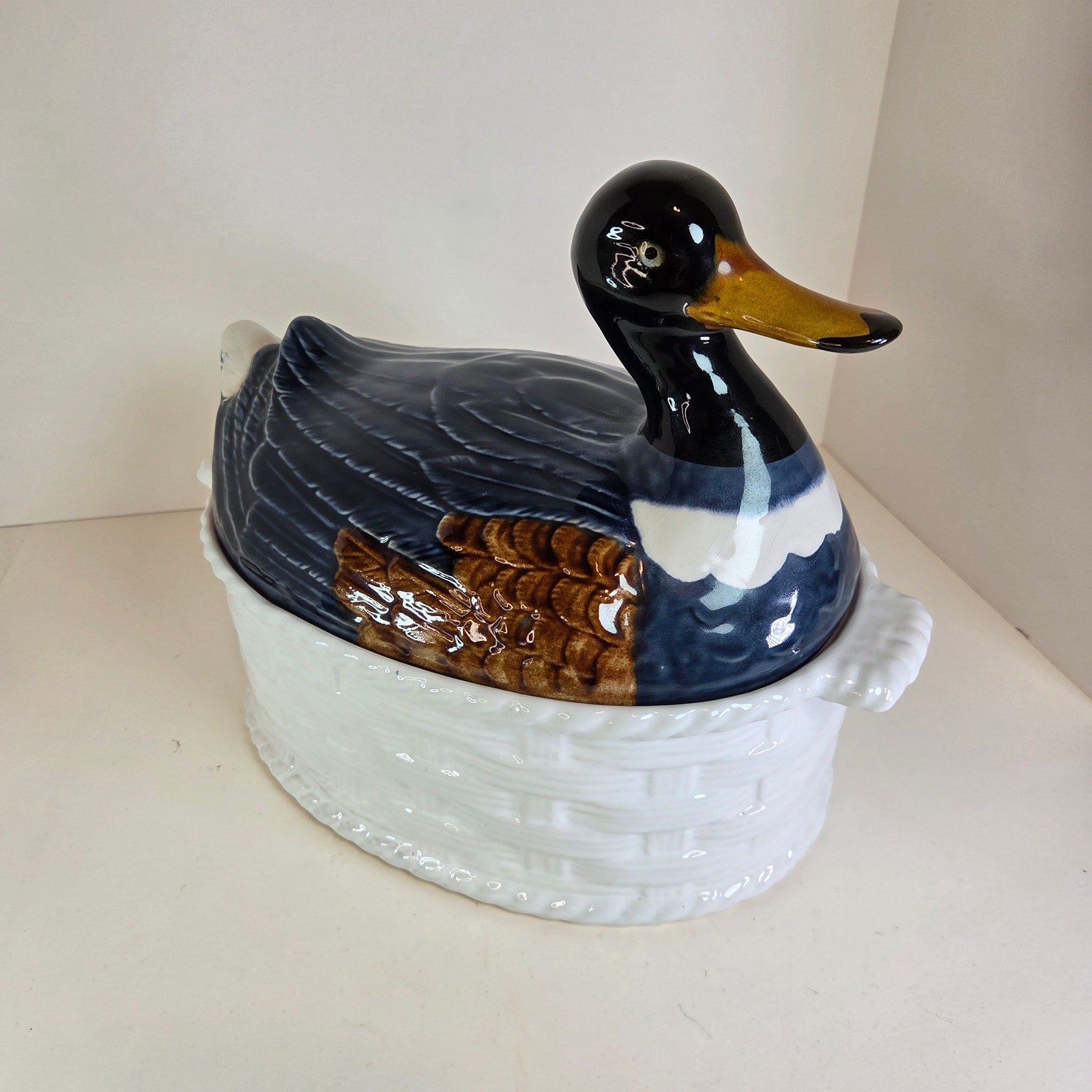 Vintage Portugal Mallard Duck Tureen Covered Ceramic Dish Basket Weave 11"