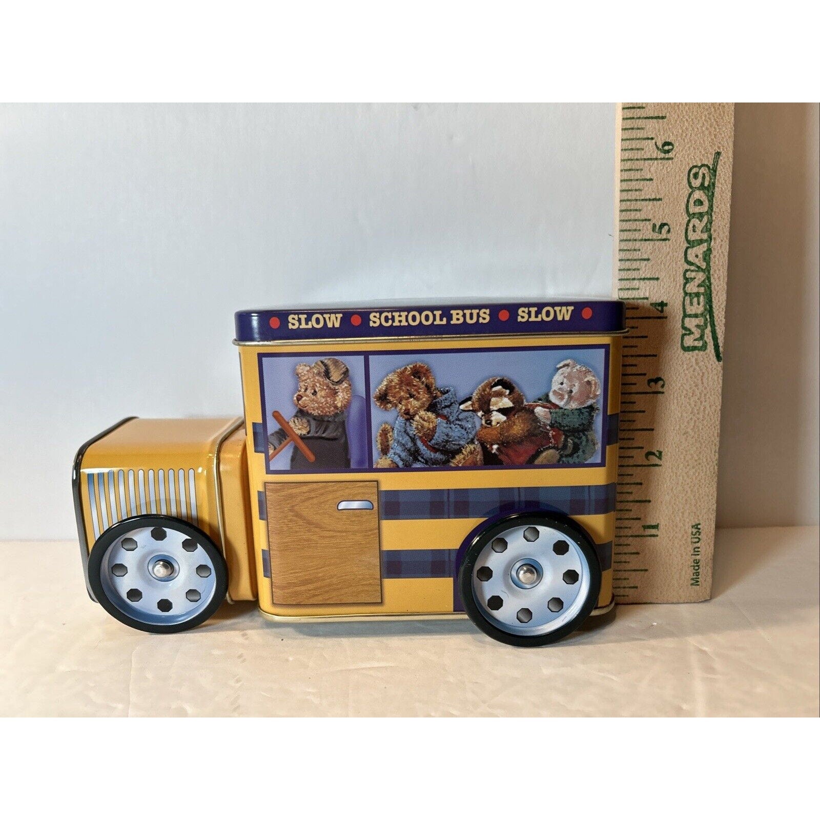 Vintage NOS GIFTCO School Bus with Wheels Tin Bank NIB Stewart Sherwood Bears